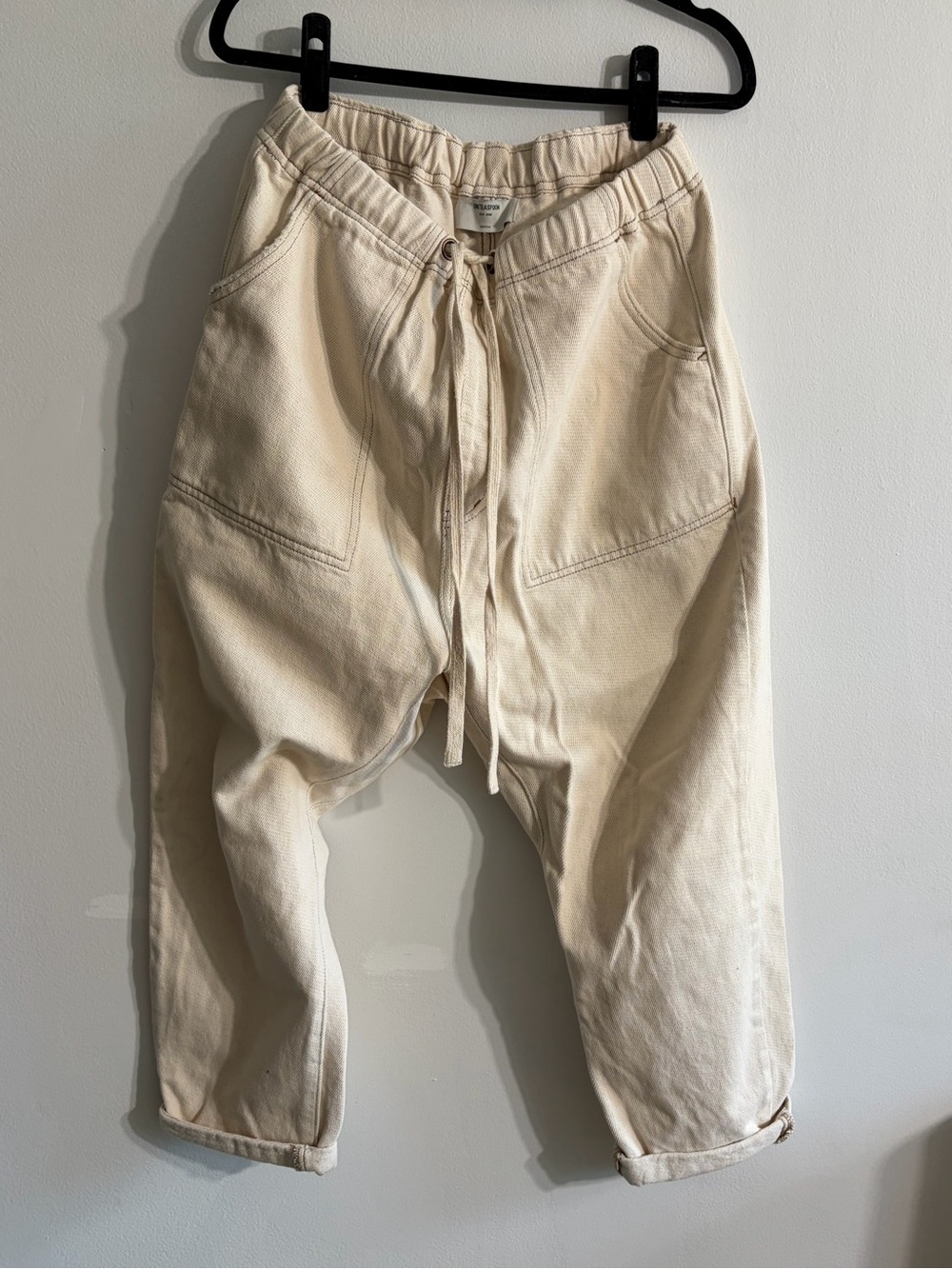 One Teaspoon Men's Cream Drawstring Relaxed Fit Canvas Low Crotch Pants